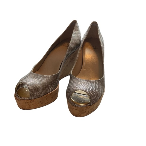 Stuart Weitzman Cork Wedge Peep Toe Glitter Heels 7.5 - Picture 12 of 13